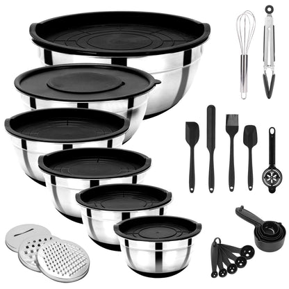 Mixing Bowls with Lids, 32 Piece Stainless Steel Bowls Set, 3 Grater Attachments & Black Non-Slip Bottoms Size 7, 4, 3.5, 2.5, 2, 1.5QT