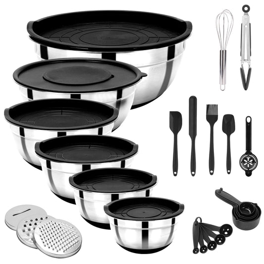 Mixing Bowls with Lids, 32 Piece Stainless Steel Bowls Set, 3 Grater Attachments & Black Non-Slip Bottoms Size 7, 4, 3.5, 2.5, 2, 1.5QT