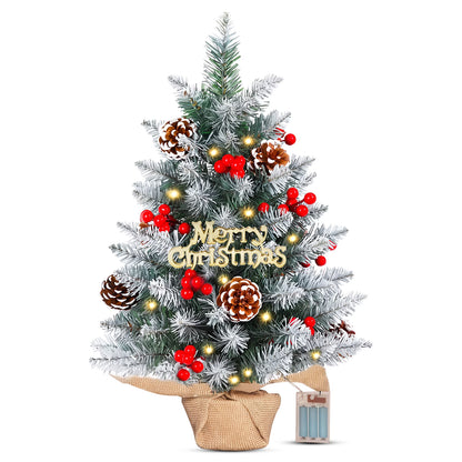 Mini Artificial Xmas Tree Set Small Tabletop Xmas Tree with Red Berries Pine Cones Lights Holiday Home Decoration