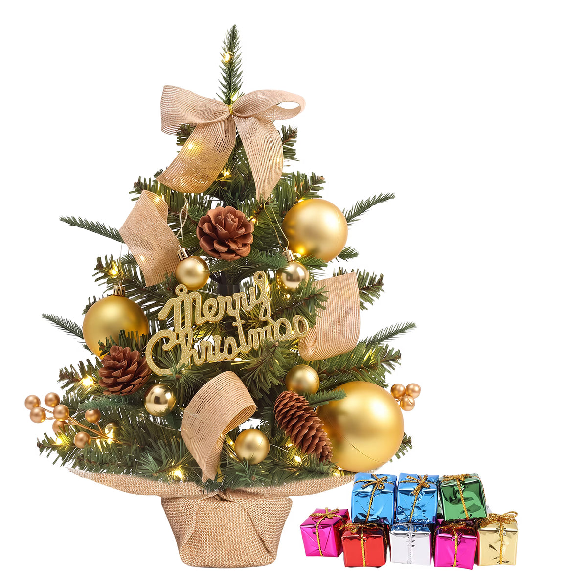 Mini Christmas Tree Tabletop Set with 30 LED Lights, 18 inch Artificial Xmas Tree with PineCones Berries Bows Balls & Gift Boxes Ornaments, Perfect DIY Xmas Decorations for Holiday Home Kitchen