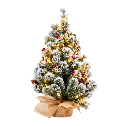 20 inch Prelit Snow Flocked Christmas Tree with Light, Small Artificial Tabletop Xmas Trees with Red Berries, Pinecones and Cloth Bag Base, Indoor Table Centerpieces Xmas Home Holiday Decorations