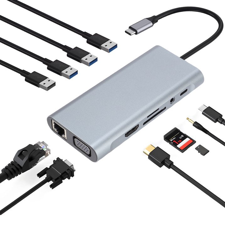 11 in 1 USB C Docking Station Dual Monitor with HDMI & VGA Ports, Laptop Docking Station w/ 4K@30Hz HDMI, 5Gbps USB-A, 100W PD, Gigabit Ethernet/SD Card Reader/Audio Port, USB C Hub Multiport Adapter