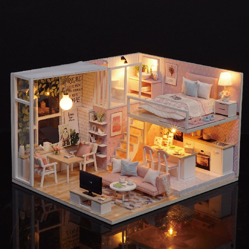 Miniature Dollhouse Kit with LED Light Furniture Wood DIY Mini Doll House Kit for Girls Adult Teens Kids Gift