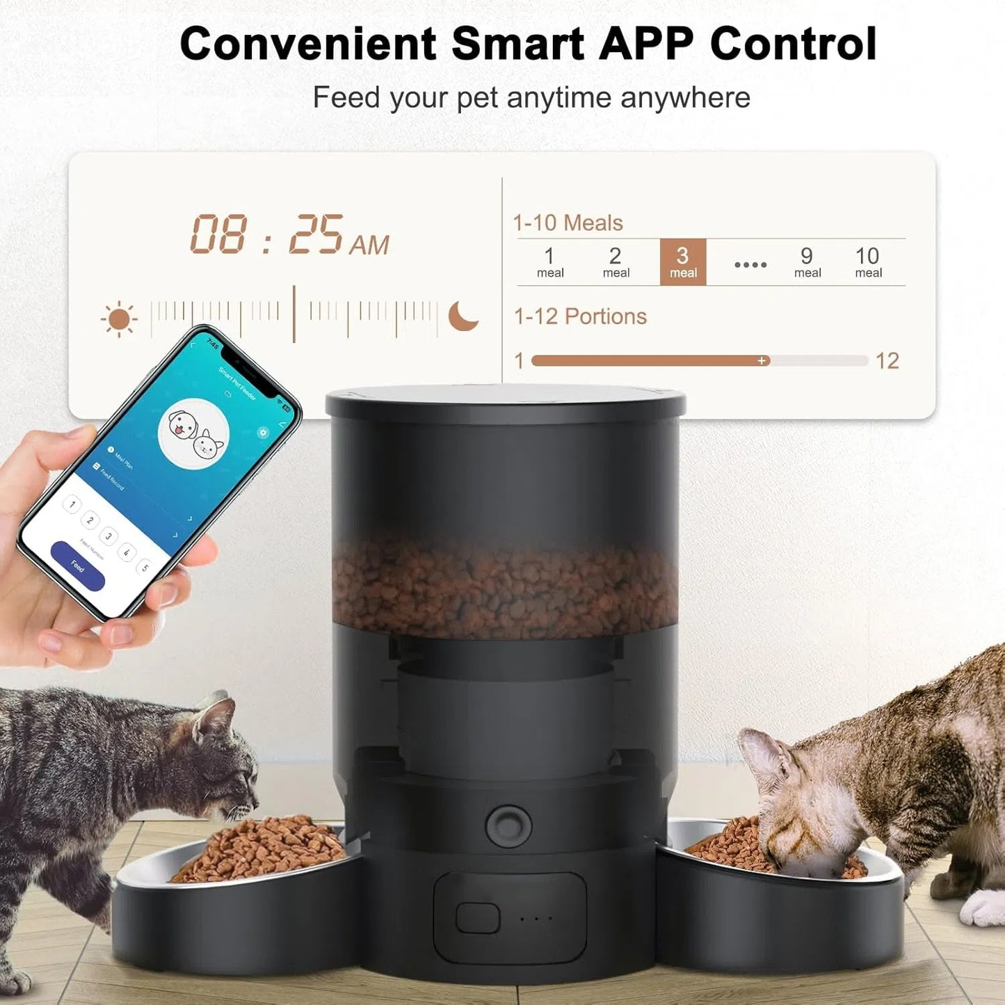 Automatic Cat Feeder, Wifi Smart Food Dispenser with APP Control for Remote Feeding with 10S Dining Voice Record, Dual Power Supply, Timed Pet Feeder Programmable 1-10 Meals, 3L, Black