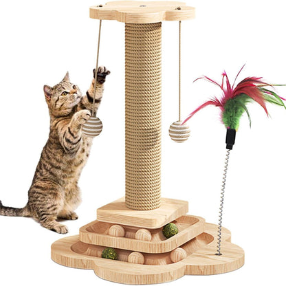 15.7" Cat Scratching Post With Board Base, Cat Scratcher Pole Tower With Sisal Toy,Track Toys,Feather Toys For Indoor Cats