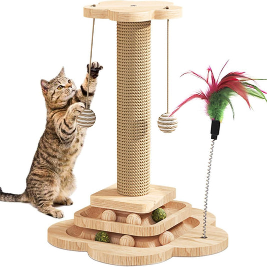 15.7" Cat Scratching Post With Board Base, Cat Scratcher Pole Tower With Sisal Toy,Track Toys,Feather Toys For Indoor Cats