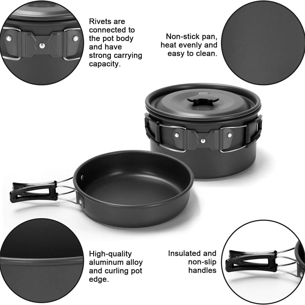 Eotvia Camping Pot And Pan, Stylish Aluminum Alloy Plastic Wood Camping Cookware Set Non Stick Coating With Spoon For Backpacking