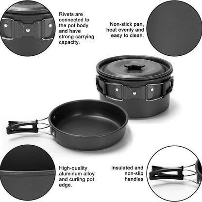 Eotvia Camping Pot And Pan, Stylish Aluminum Alloy Plastic Wood Camping Cookware Set Non Stick Coating With Spoon For Backpacking