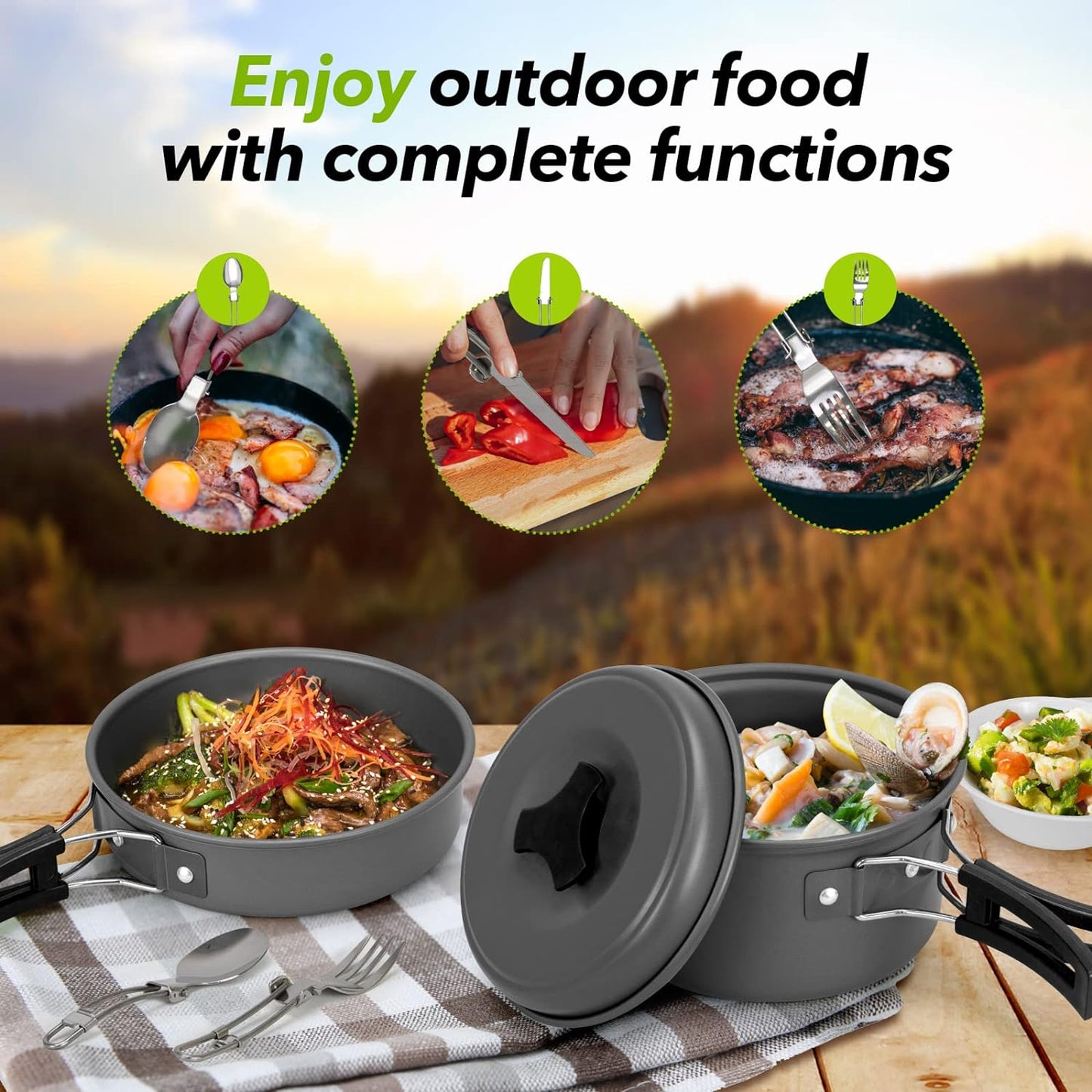 Eotvia Camping Pot And Pan, Stylish Aluminum Alloy Plastic Wood Camping Cookware Set Non Stick Coating With Spoon For Backpacking