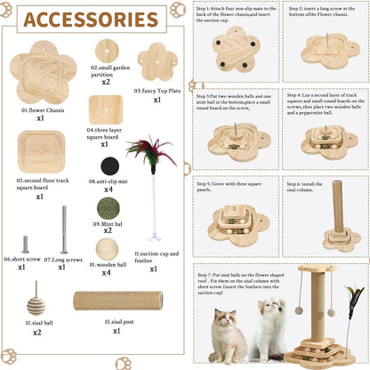 15.7" Cat Scratching Post With Board Base, Cat Scratcher Pole Tower With Sisal Toy,Track Toys,Feather Toys For Indoor Cats