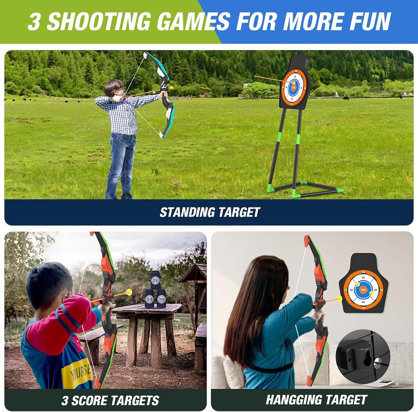 2 Pack Bow and Arrow Set Toy for Kids Boys Girs 3-12 Years Old, Archery Targets Archery Toy Set for Boys with LED Lights Target & Quiver Outdoor Toys for Kids Boys Girls