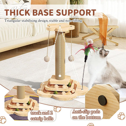 15.7" Cat Scratching Post With Board Base, Cat Scratcher Pole Tower With Sisal Toy,Track Toys,Feather Toys For Indoor Cats