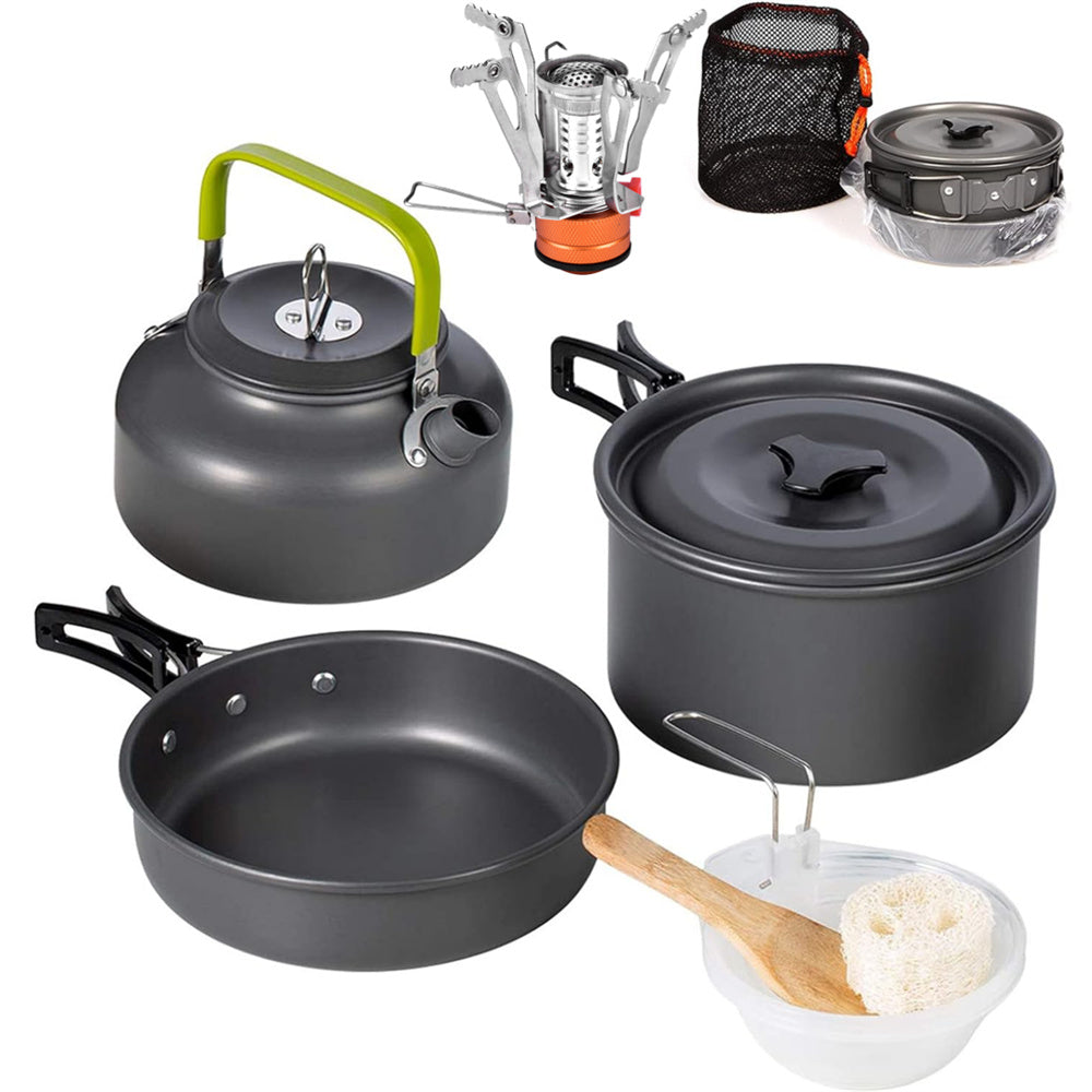 Eotvia Camping Pot And Pan, Stylish Aluminum Alloy Plastic Wood Camping Cookware Set Non Stick Coating With Spoon For Backpacking