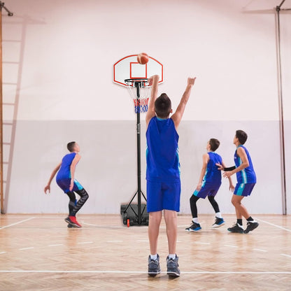 Portable Basketball Hoop System, 5.4FT to 9FT Height Adjustable Basketball Goal System with 30 inch PVC Backboard, Indoor Outdoor Portable Sport System with Fillable Base and 2 Transport Wheels