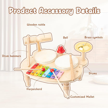 Kids Drum Set, 5 IN 1 Kids Musical Instruments Xylophone for Kids Toddlers 1-3, Wooden Percussion Instrument Baby Music Toys, Baby Sensory Toys Christmas Months Birthday New Year Gifts for Girls Boys