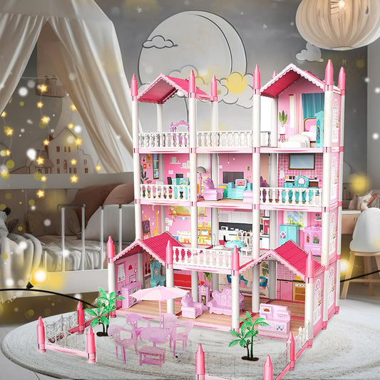 Dollhouse Girls Dreamhouse Playset,14 Room Dollhouse with 4 Doll Toy Figure, Furniture and Accessories, Color Lights, Play House Gift Toys for Kids Ages 3+