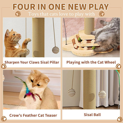 15.7" Cat Scratching Post With Board Base, Cat Scratcher Pole Tower With Sisal Toy,Track Toys,Feather Toys For Indoor Cats
