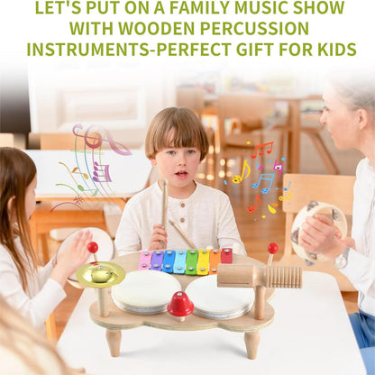 Kids Drum Set, 5 IN 1 Kids Musical Instruments Xylophone for Kids Toddlers 1-3, Wooden Percussion Instrument Baby Music Toys, Baby Sensory Toys Christmas Months Birthday New Year Gifts for Girls Boys