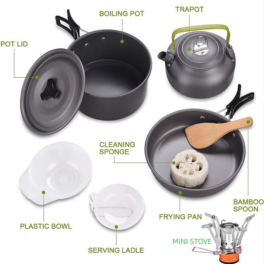 Eotvia Camping Pot And Pan, Stylish Aluminum Alloy Plastic Wood Camping Cookware Set Non Stick Coating With Spoon For Backpacking