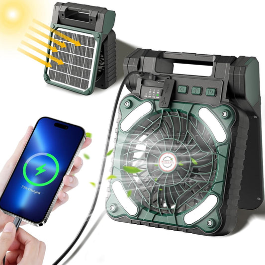 Solar Camping Fan with Light, 4 Speeds USB Rechargeable Solar Powered Fan with Timer, 90° Folding Portable Desk Fan with Power Bank Feature for Hurricane Outages Outdoor Camping Fishing Travel BBQ