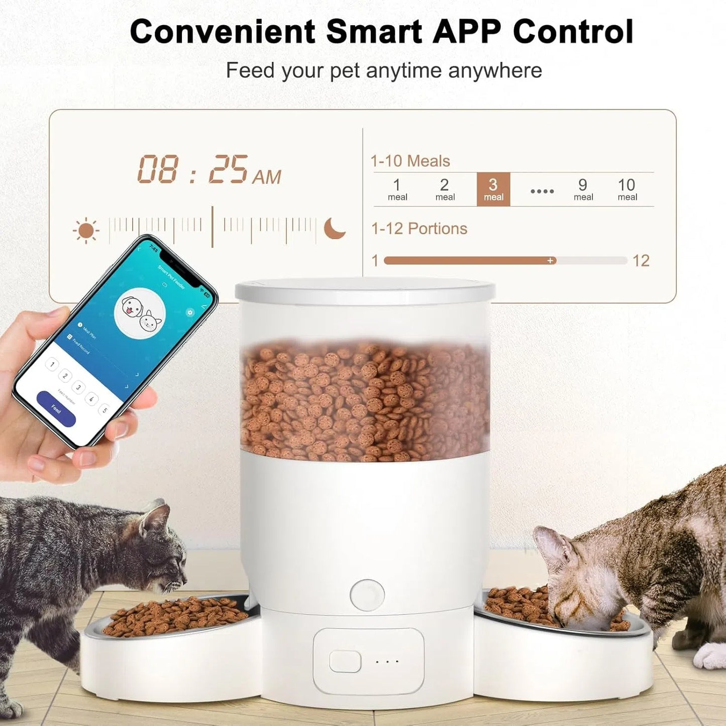 Eotvia Automatic Cat Feeder, Wifi Smart Food Dispenser with APP Control for Remote Feeding, Dual Power Supply, Timed Pet Feeder Programmable 1-10 Meals, 3L, White
