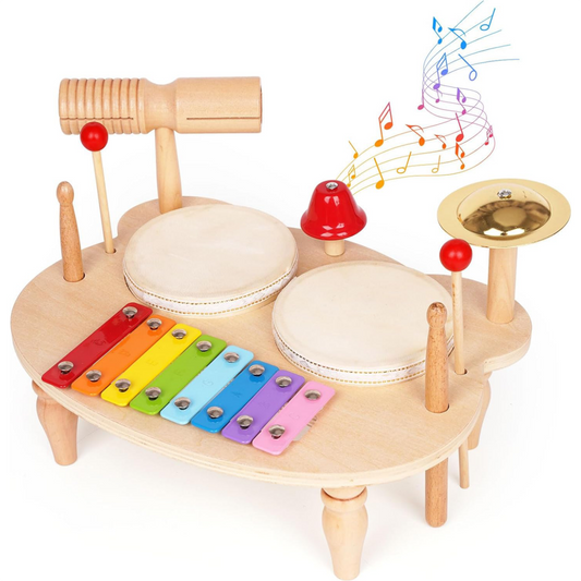 Kids Drum Set, 5 IN 1 Kids Musical Instruments Xylophone for Kids Toddlers 1-3, Wooden Percussion Instrument Baby Music Toys, Baby Sensory Toys Christmas Months Birthday New Year Gifts for Girls Boys