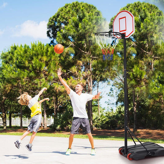 Portable Basketball Hoop System, 5.4FT to 9FT Height Adjustable Basketball Goal System with 30 inch PVC Backboard, Indoor Outdoor Portable Sport System with Fillable Base and 2 Transport Wheels