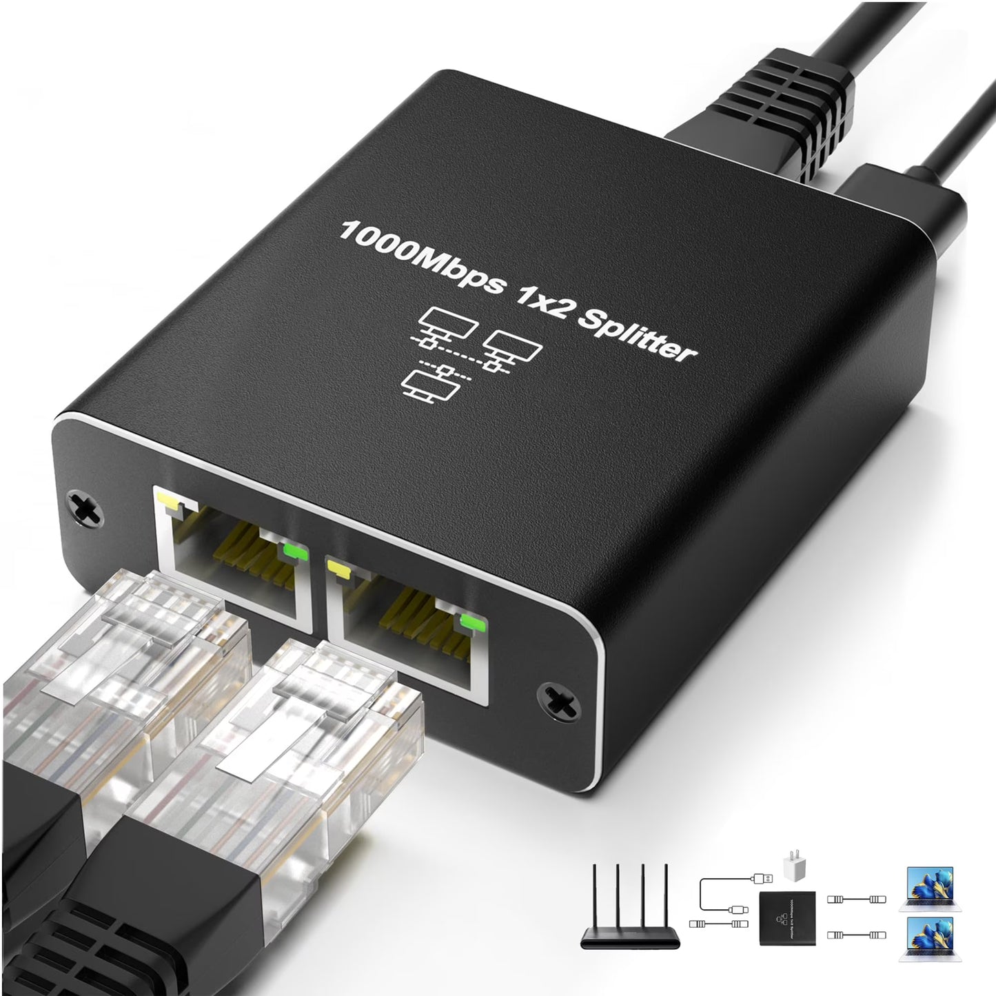 Ethernet Splitter 1 to 2, 1000Mbps Internet Cable Splitter 1 in 2 Out High Speed Either Network Splitter Gigabit Network Extension Dual LAN RJ45 Port Router Switch Work with Cat5/5e/6/7/8 Cable