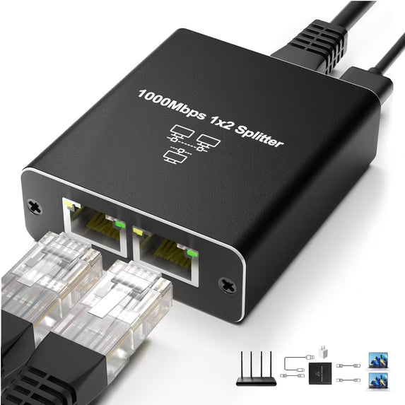 Ethernet Splitter 1 to 2, 1000Mbps Internet Cable Splitter 1 in 2 Out High Speed Either Network Splitter Gigabit Network Extension Dual LAN RJ45 Port Router Switch Work with Cat5/5e/6/7/8 Cable