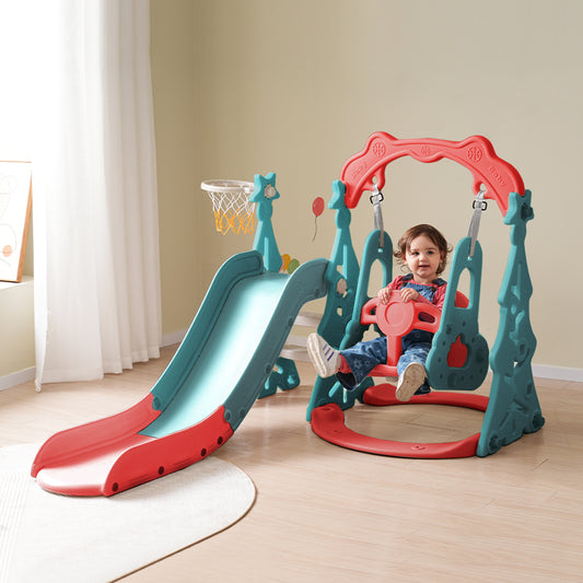 Toddler Slide and Swing Set 3 in 1, Kids Playground Climber Swing Playset with Basketball Hoops Freestanding Combination Indoor & Outdoor
