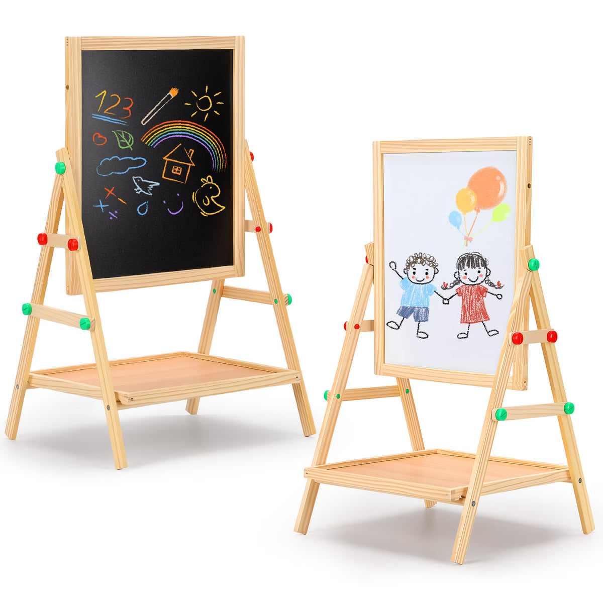 Painting Wooden Art Easel for Kids, 2-in-1 Double-Sided Drawing Board, Chalkboard & Dry Whiteboard with Markers, Eraser, Magnetic Letters/Numbers, Standing Easel Set for Xmas Birthday Holiday Gifts