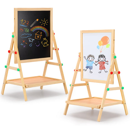Painting Wooden Art Easel for Kids, 2-in-1 Double-Sided Drawing Board, Chalkboard & Dry Whiteboard with Markers, Eraser, Magnetic Letters/Numbers, Standing Easel Set for Xmas Birthday Holiday Gifts