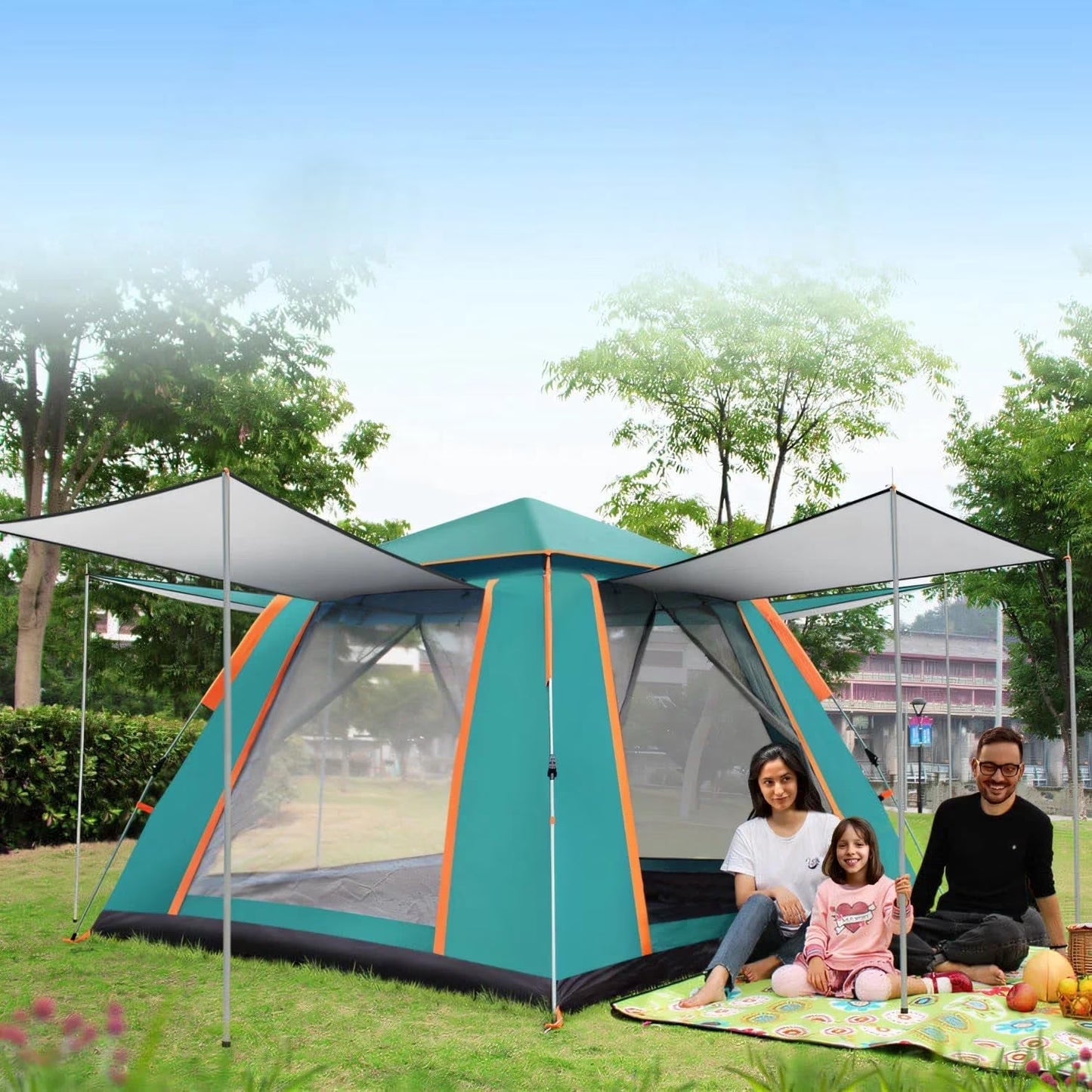 Pop up Canopy Big Instant Camping Tent, Green 4-5 Person Family Tents for Camping with 4 Doors, 7.87'x7.87'x5.1' Anti-UV Waterproof Easy Setup Camping Tent for Beach Picnic Hiking Outdoor Backpacking,Green