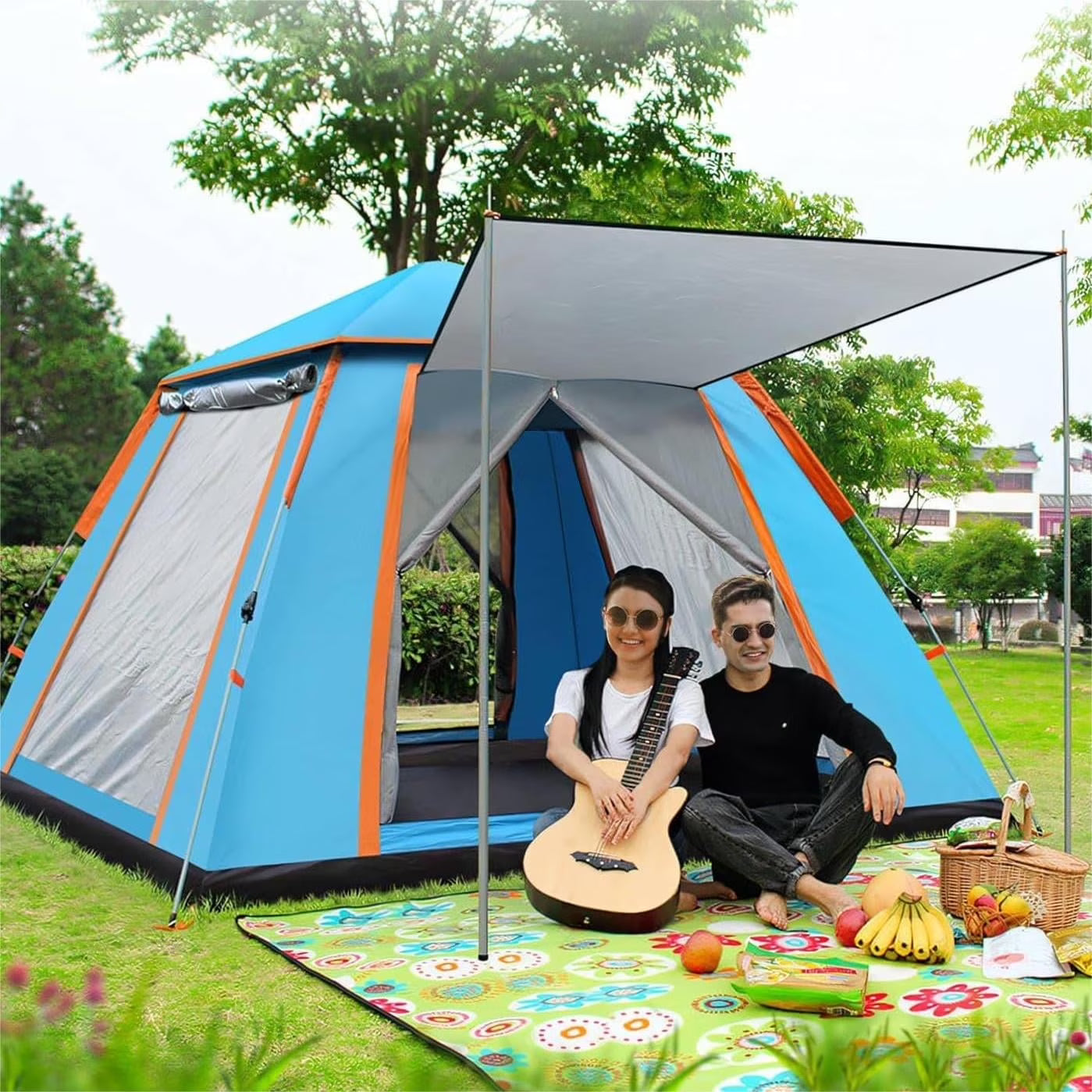 Pop up Canopy Large Instant Camping Tent, Blue 4-5 Person Family Tents for Camping with 4 Doors,7.87'x7.87'x5.1' Anti-UV Waterproof Easy Setup Camping Tent for Outdoor Beach Picnic Hiking Backpacking,Blue