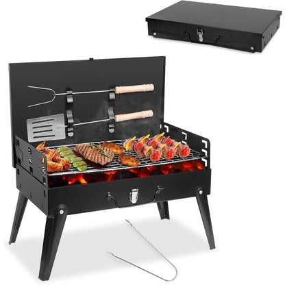 Portable Charcoal Grill, Foldable BBQ Grill Tabletop Lightweight Iron Charcoal Grill with Vent/Foldable Legs for Outdoor Camping Picnics Patio Tailgating Travel Garden Grilling with Shovel Fork Hooks