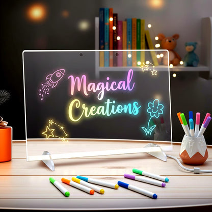 LED Drawing Board with 7 Color Light Modes, 11.8"x7.9" Neon Art Dry Erase Light Up Drawing Pad with Built-in Stand, 7 Markers, Soft Cloth, Hanging Chain, Sketching Gift for Holiday Birthday Christmas