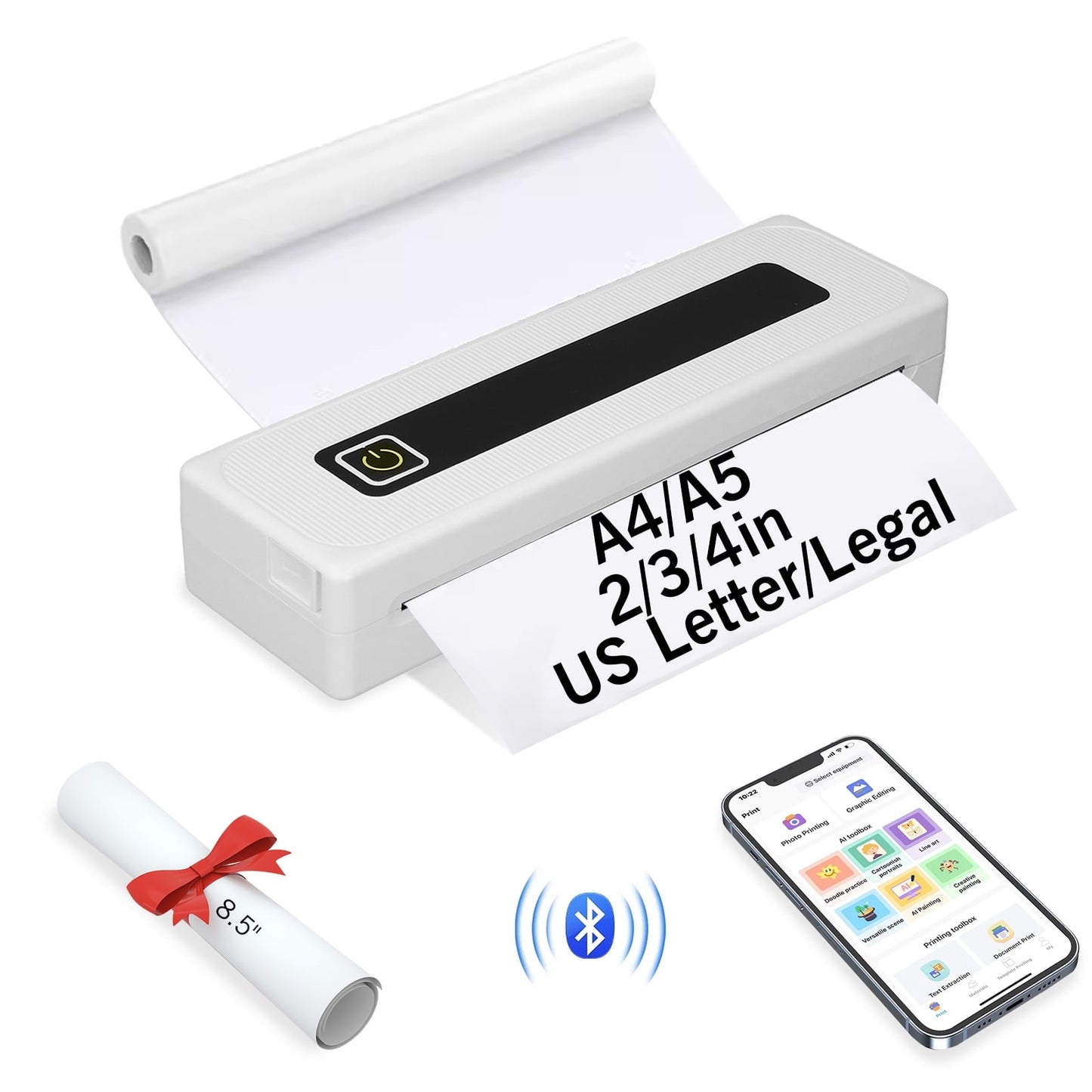 Portable Printer for Travel, Bluetooth Thermal Printer Supports 8.5" x 11" US Letter & Legal A4 Paper, Inkless Wireless Mini Printer Compatible with Android iOS Phone with 1 Rolls of Thermal Paper