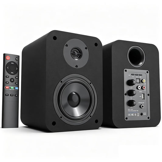 80W Active Bookshelf Speakers, Record Player Speakers with 4 Inch Woofer, Stereo Studio Monitor Speakers, Bass & Treble Adjust TV Speakers with USB/Optical/AUX Input for PC, Black