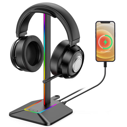 RGB Headphone Stand with 1 USB C Charging Port and 1 USB Charging Port, Non-Slip Rubber Base, Desk Gaming Headset Stand with 7 Light Modes for All Earphone Accessories, Black