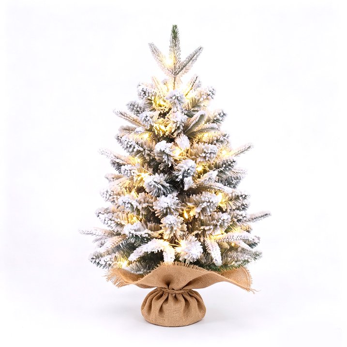 2ft Pre-lit Mini Christmas Snow Flocked Tree, Tabletop Artificial Christmas Tree with LED Lights, Small DIY Decor Xmas Pine Tree with Cloth Bag Base for Indoor Outdoor Home Dining Table Decorations