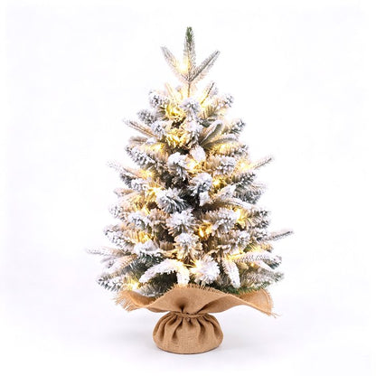 2ft Pre-lit Mini Christmas Snow Flocked Tree, Tabletop Artificial Christmas Tree with LED Lights, Small DIY Decor Xmas Pine Tree with Cloth Bag Base for Indoor Outdoor Home Dining Table Decorations