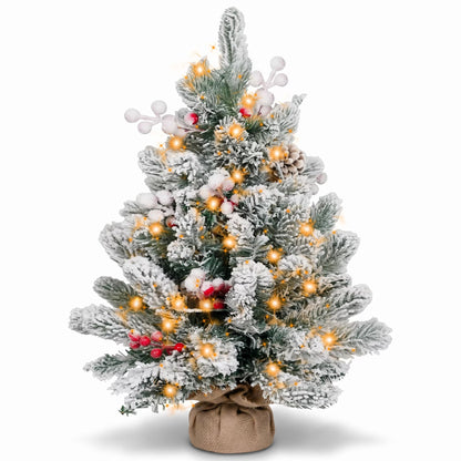 Small Xmas Tree Warm Light LED String Flocked Snow Decor Artificial Desktop Xmas Pine Tree for Home 60cm / 23.6in
