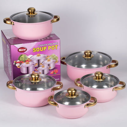Stainless Steel Pots Sets 10-Piece, Kitchen Cookware Set Saucepan with Glass Lid Stockpot Soup Pot with 2 Ear Handle For Cooking Dishwasher , Pink