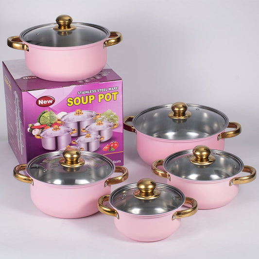 Stainless Steel Pots Sets 10-Piece, Kitchen Cookware Set Saucepan with Glass Lid Stockpot Soup Pot with 2 Ear Handle For Cooking Dishwasher , Pink
