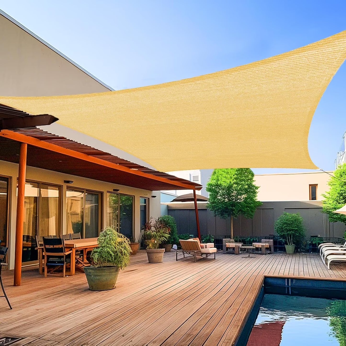 Sun Shade Sail 16.4'x16.4' Waterproof Sand Rectangle Canopy UV Block Cover for Patio Garden Lawn Pool Backyard Outdoor, with Free Rope