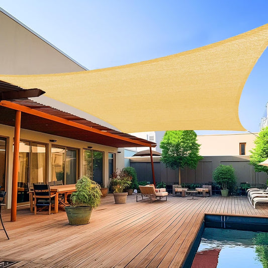 Sun Shade Sail 16.4'x16.4' Waterproof Sand Rectangle Canopy UV Block Cover for Patio Garden Lawn Pool Backyard Outdoor, with Free Rope
