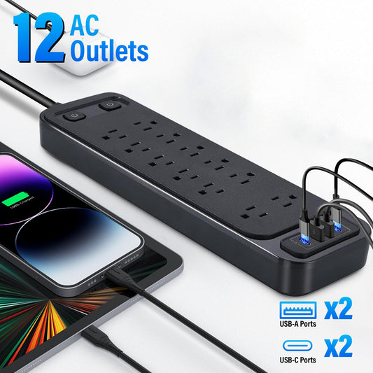 Surge Protector Power Strip with 12 AC Outlets 2 USB A & 2 Type C Ports and 6.5ft Extension Cord 1250W Overload Surge Protection for Home, Office, Dorm Essentials, Black