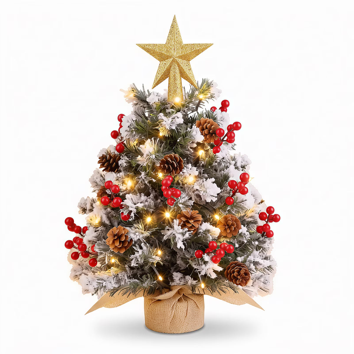 22 inch Tabletop Christmas Tree with Lights, Snowy Artificial Small Christmas Trees Battery Operated 30 Warm Lights Red Berries Pine Cone Stable Base Mini Tree Xmas Decorations Indoor Holiday