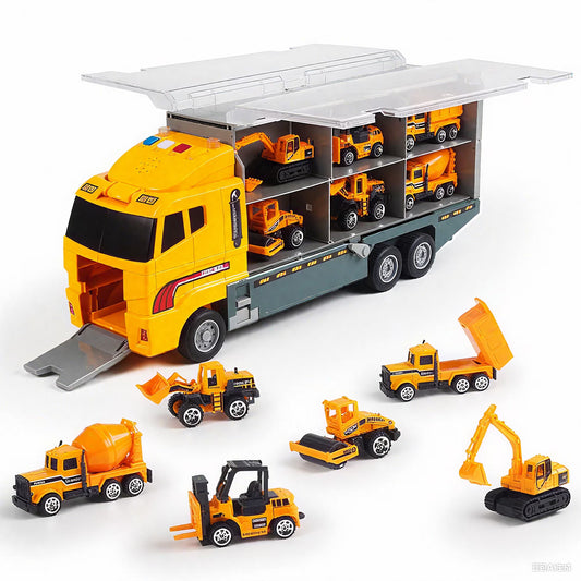 7 in 1 Construction Truck Vehicle Toy Set for Toddler Boy 1 2 3 4 5 Year Old, Die-Cast Toy Car Carrier Truck for Kids w/ Light & Sound Function, Alloy Metal Car Toys Birthday Gifts for 3-9 Boys Girls