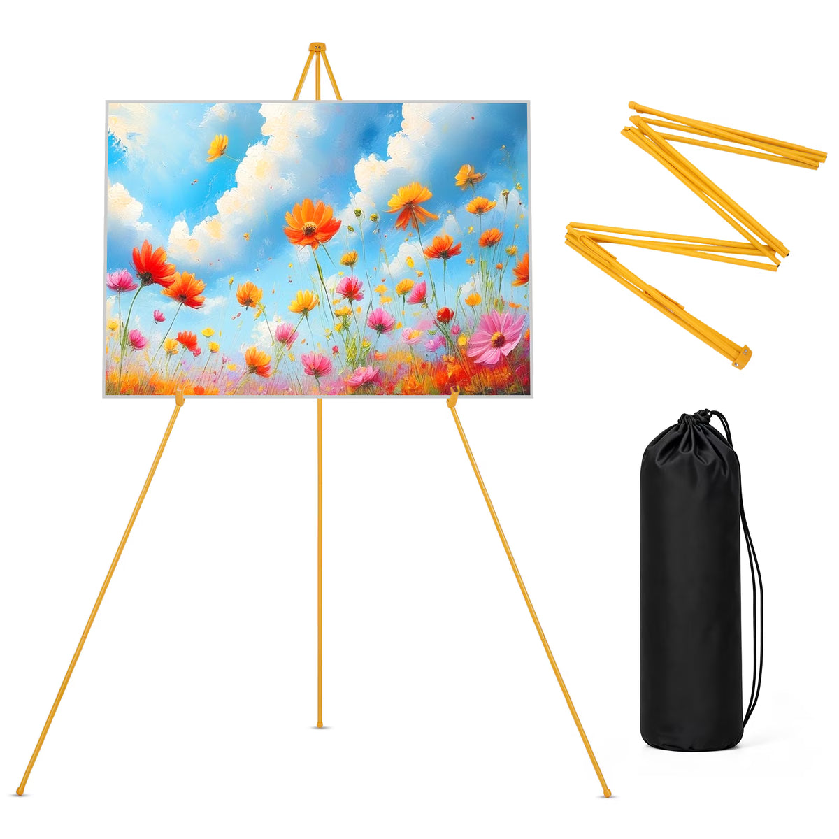 66" Easel Stand for Sign, Poster Stand and Wedding Sign, Lightweight Foldable Metal Tripod with Carry Bag for Welcome Sign, Poster Display, Foam Board and Floor Use, Gold (Supports 5 Pounds)